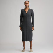 Women's Long-Sleeve Button Front Ribbed Knit Midi Dress - Charcoal