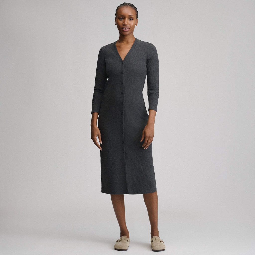 Women's Long-Sleeve Button Front Ribbed Knit Midi Dress