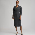 Women's Long-Sleeve Button Front Ribbed Knit Midi Dress