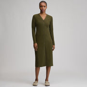 Women's Long-Sleeve Button Front Ribbed Knit Midi Dress - Deep Olive