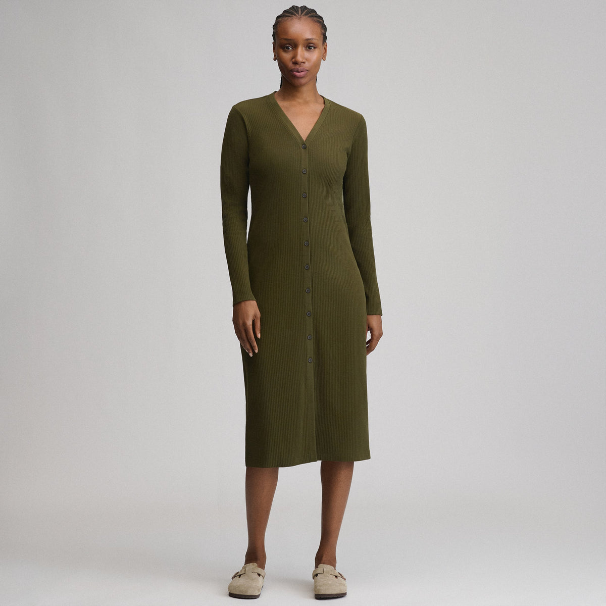 Women's Long-Sleeve Button Front Ribbed Knit Midi Dress