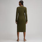 Women's Long-Sleeve Button Front Ribbed Knit Midi Dress