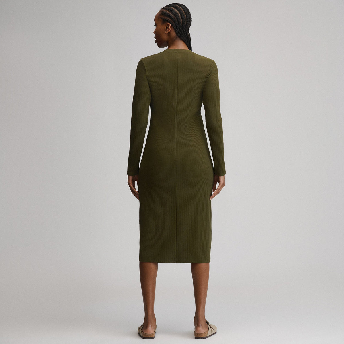 Women's Long-Sleeve Button Front Ribbed Knit Midi Dress
