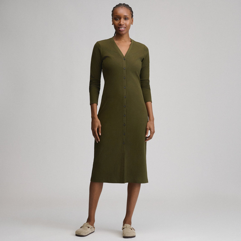 Women's Long-Sleeve Button Front Ribbed Knit Midi Dress