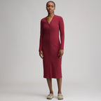 Women's Long-Sleeve Button Front Ribbed Knit Midi Dress