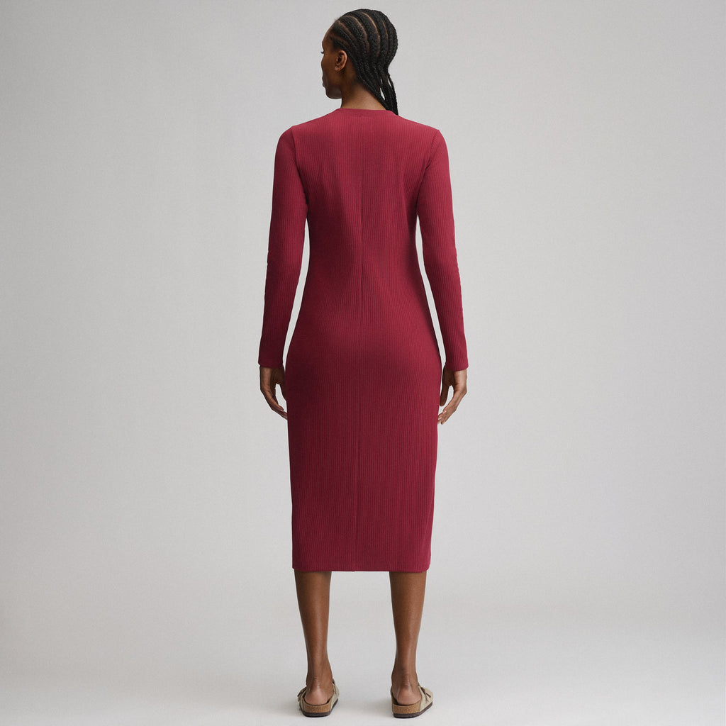 Women's Long-Sleeve Button Front Ribbed Knit Midi Dress