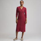 Women's Long-Sleeve Button Front Ribbed Knit Midi Dress