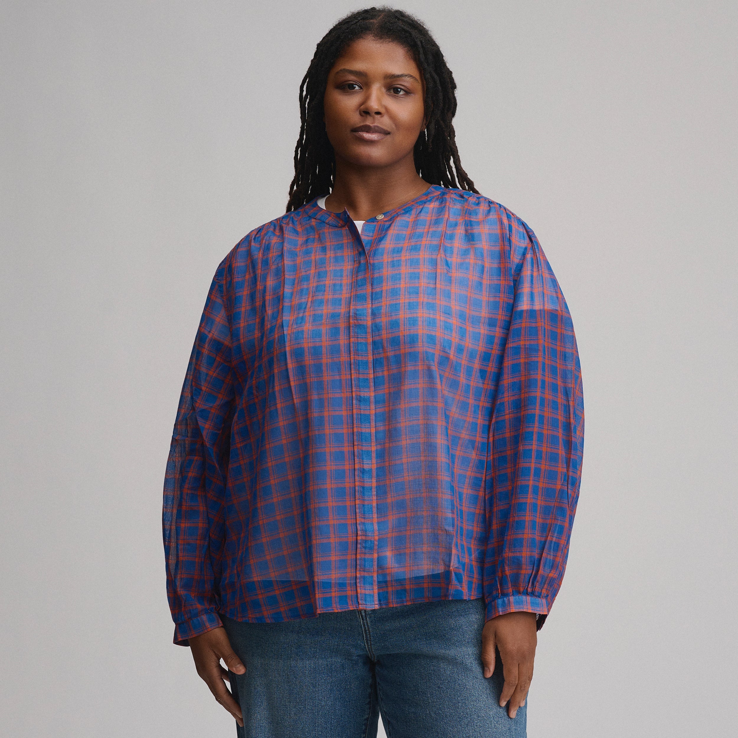 Women's Long-Sleeve Collarless Button-Down Shirt
