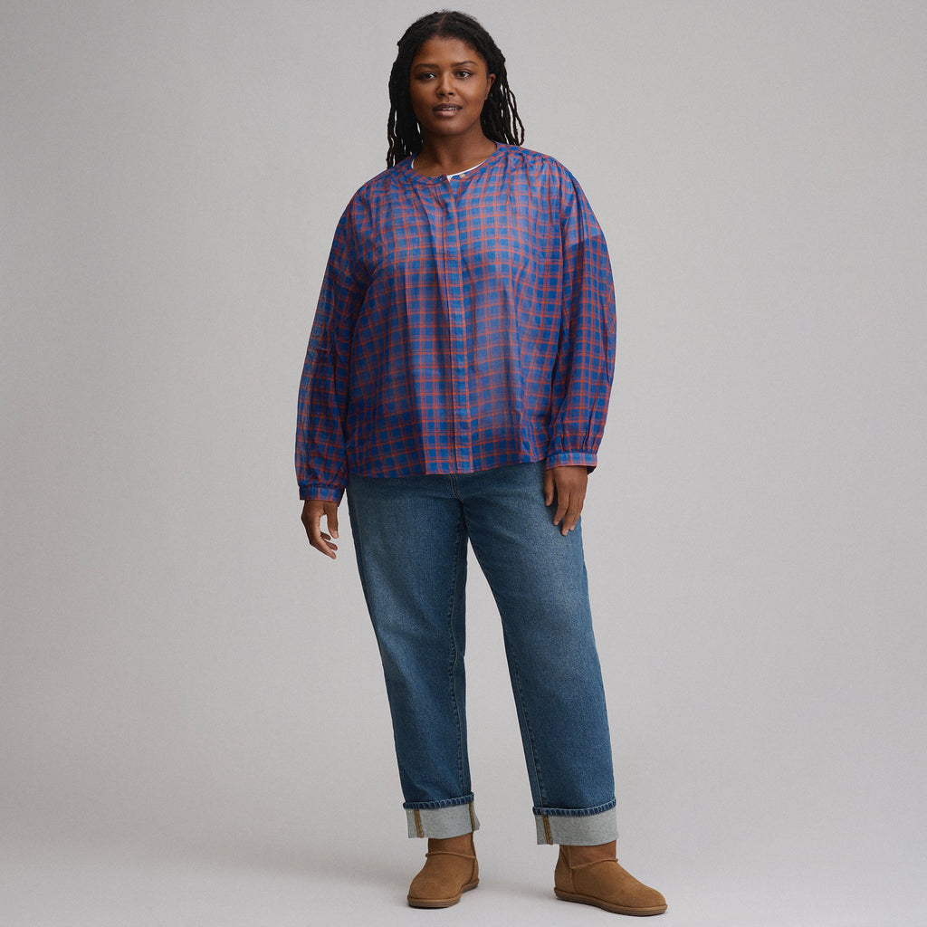 Women's Long-Sleeve Collarless Button-Down Shirt
