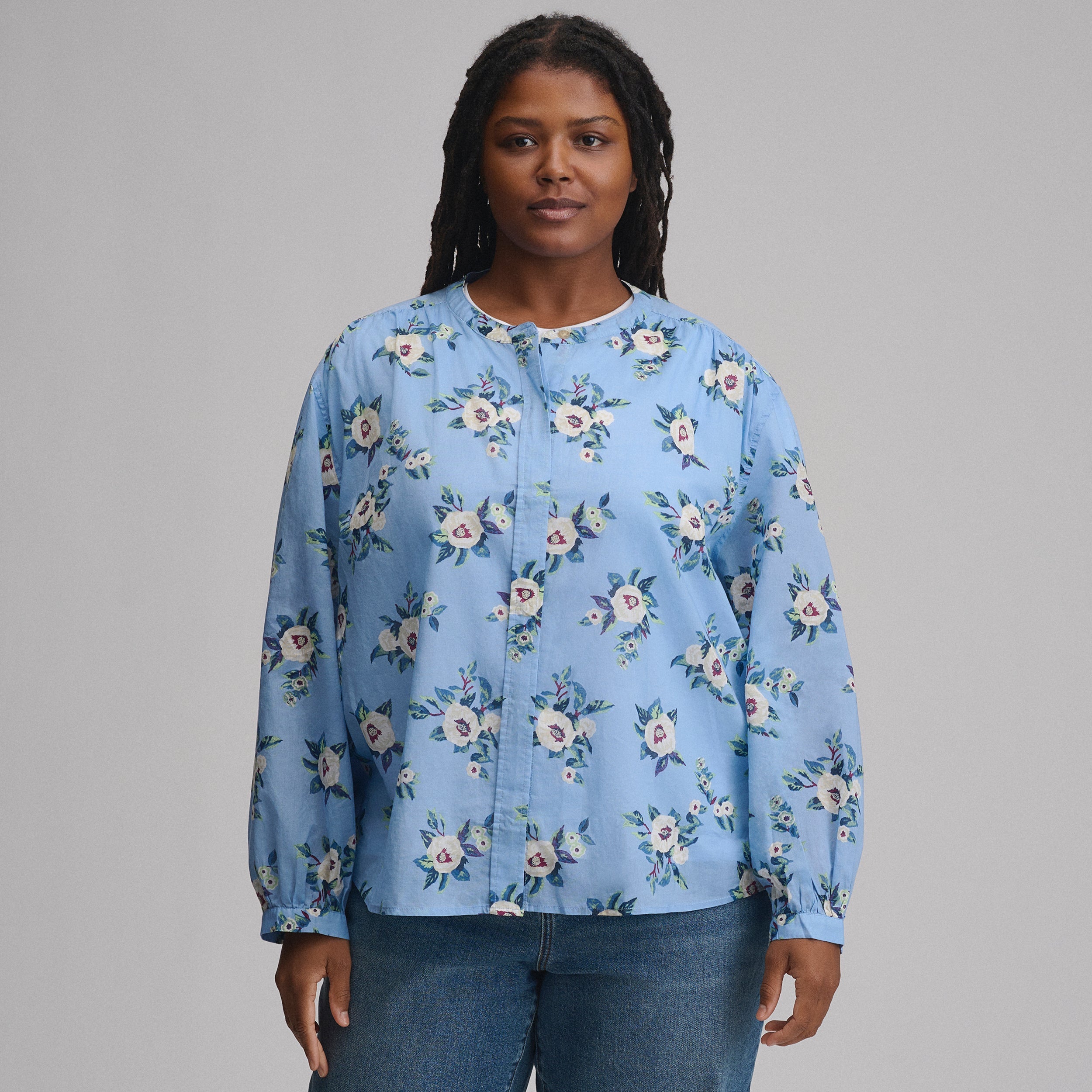 Women's Long-Sleeve Collarless Button-Down Shirt