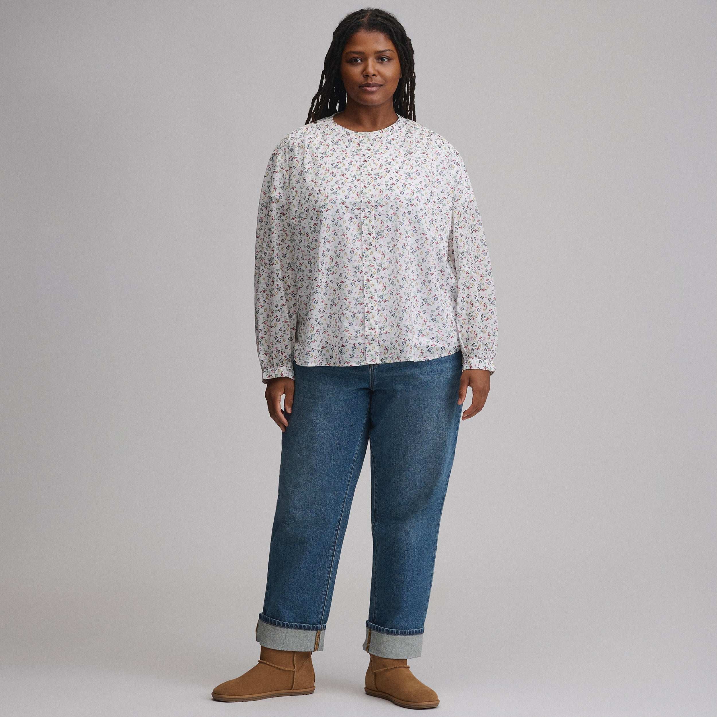 Women's Long-Sleeve Collarless Button-Down Shirt