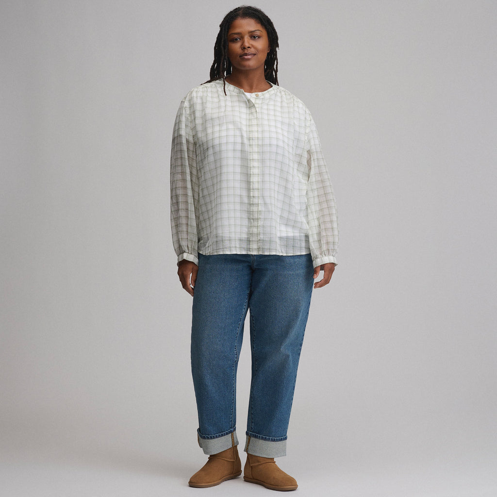 Women's Long-Sleeve Collarless Button-Down Shirt