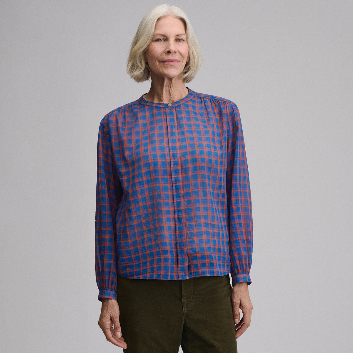 Women's Long-Sleeve Collarless Button-Down Shirt