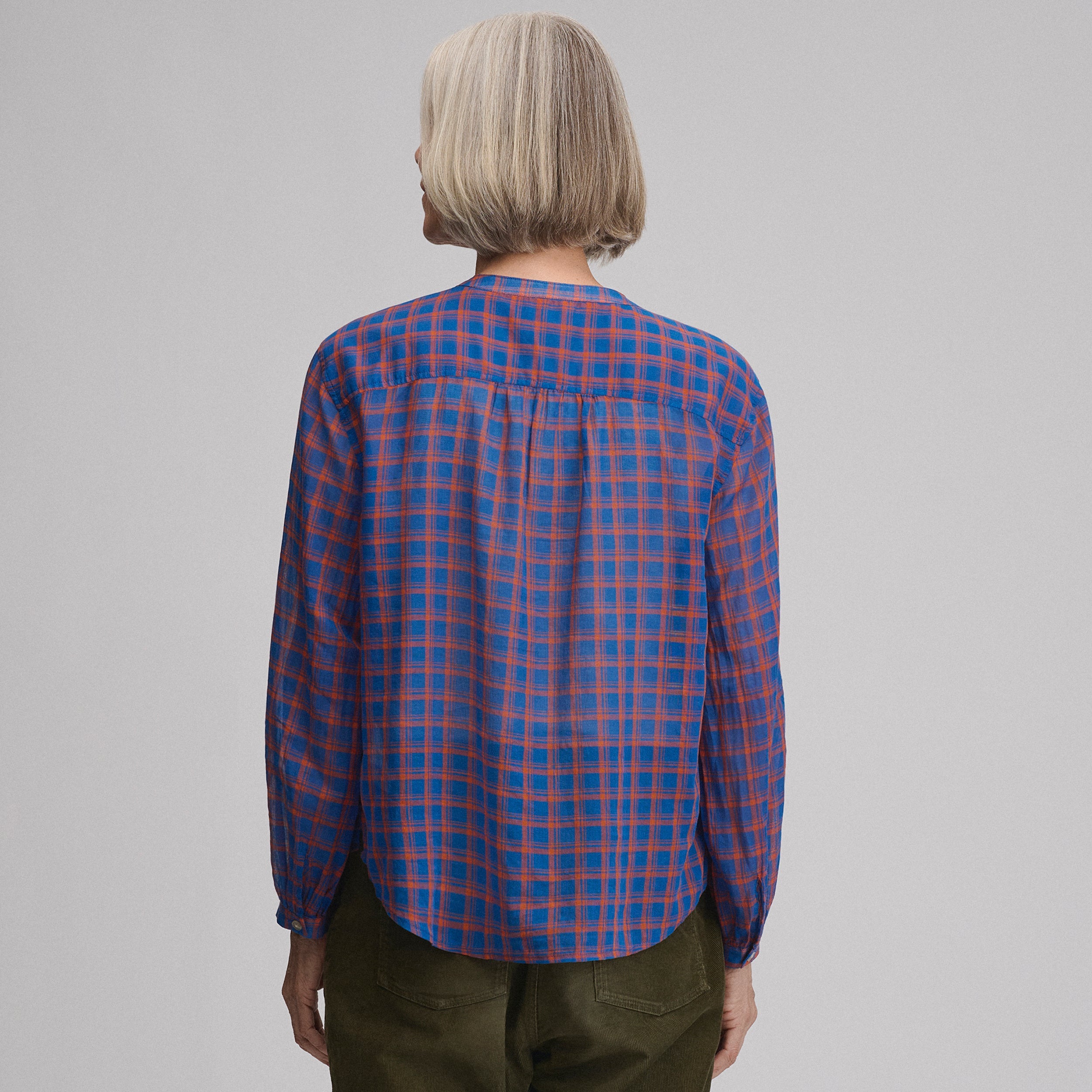 Women's Long-Sleeve Collarless Button-Down Shirt