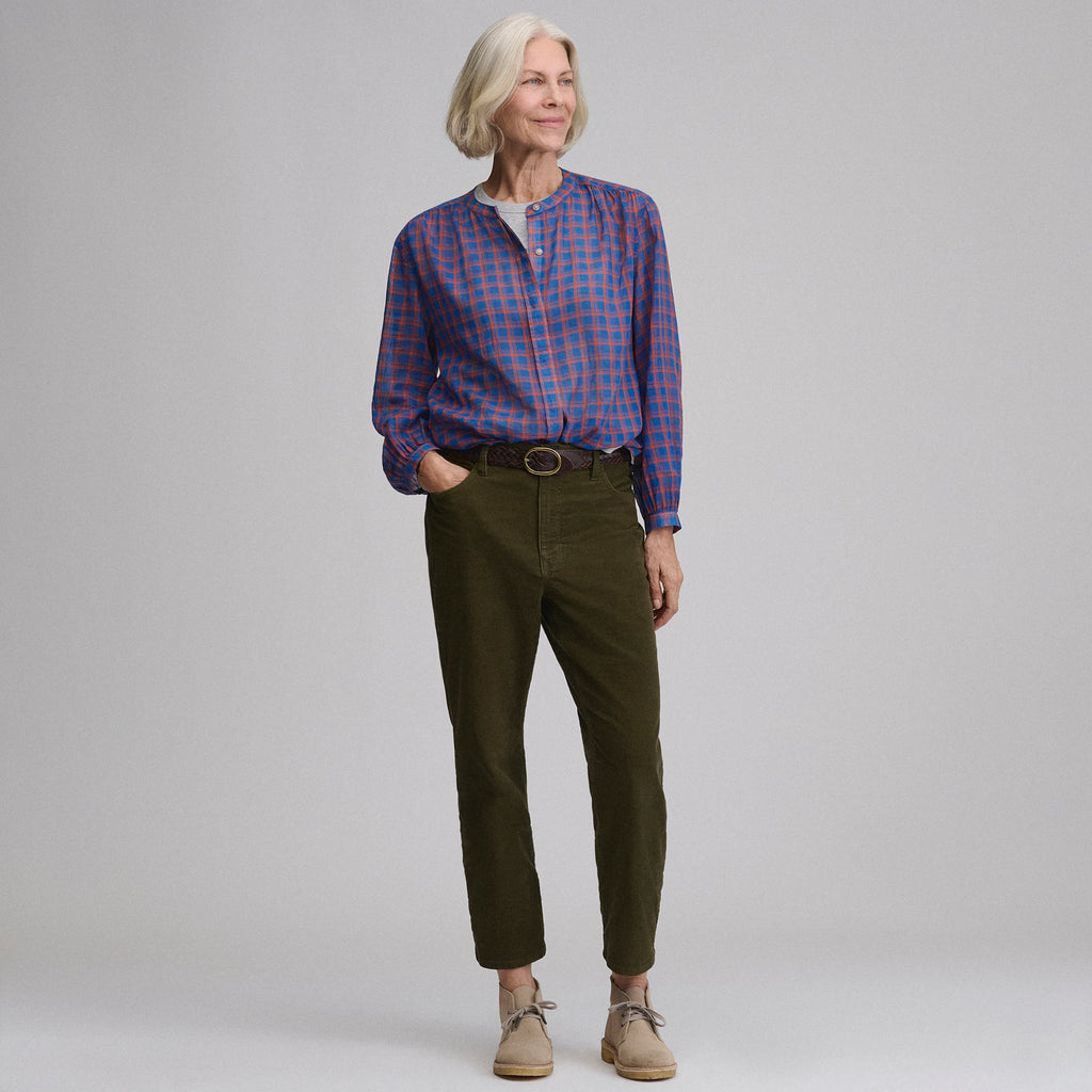 Women's Long-Sleeve Collarless Button-Down Shirt