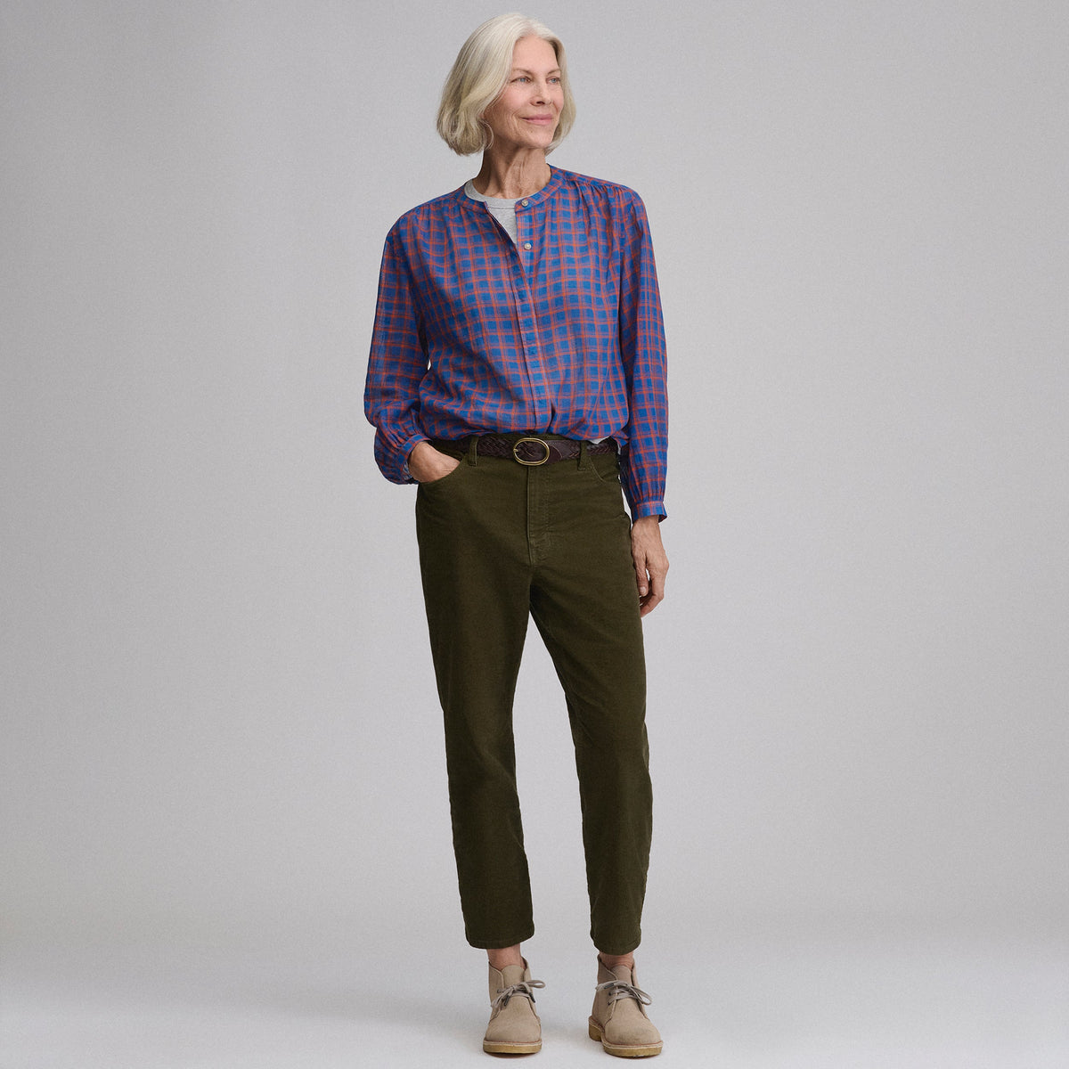 Women's Long-Sleeve Collarless Button-Down Shirt