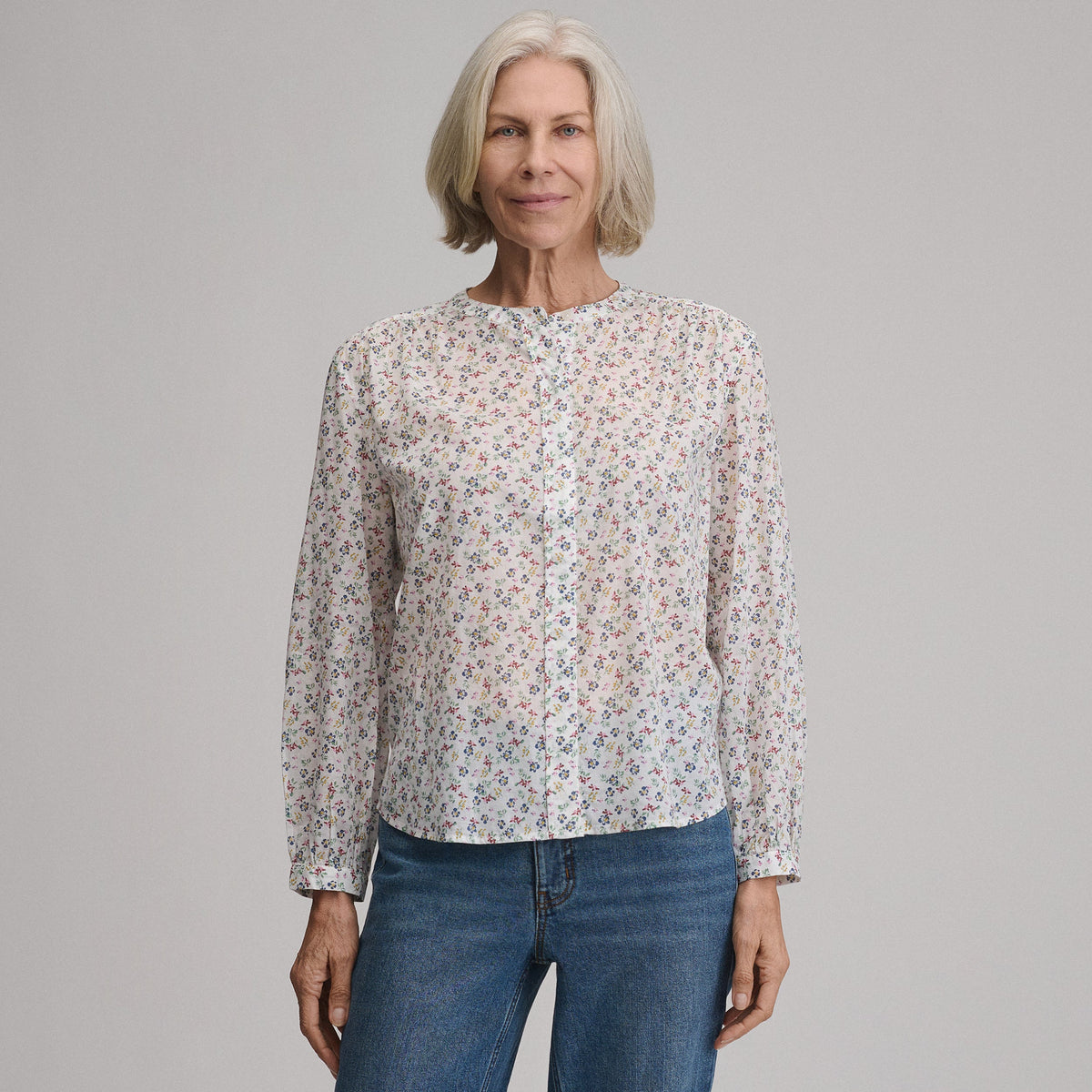 Women's Long-Sleeve Collarless Button-Down Shirt