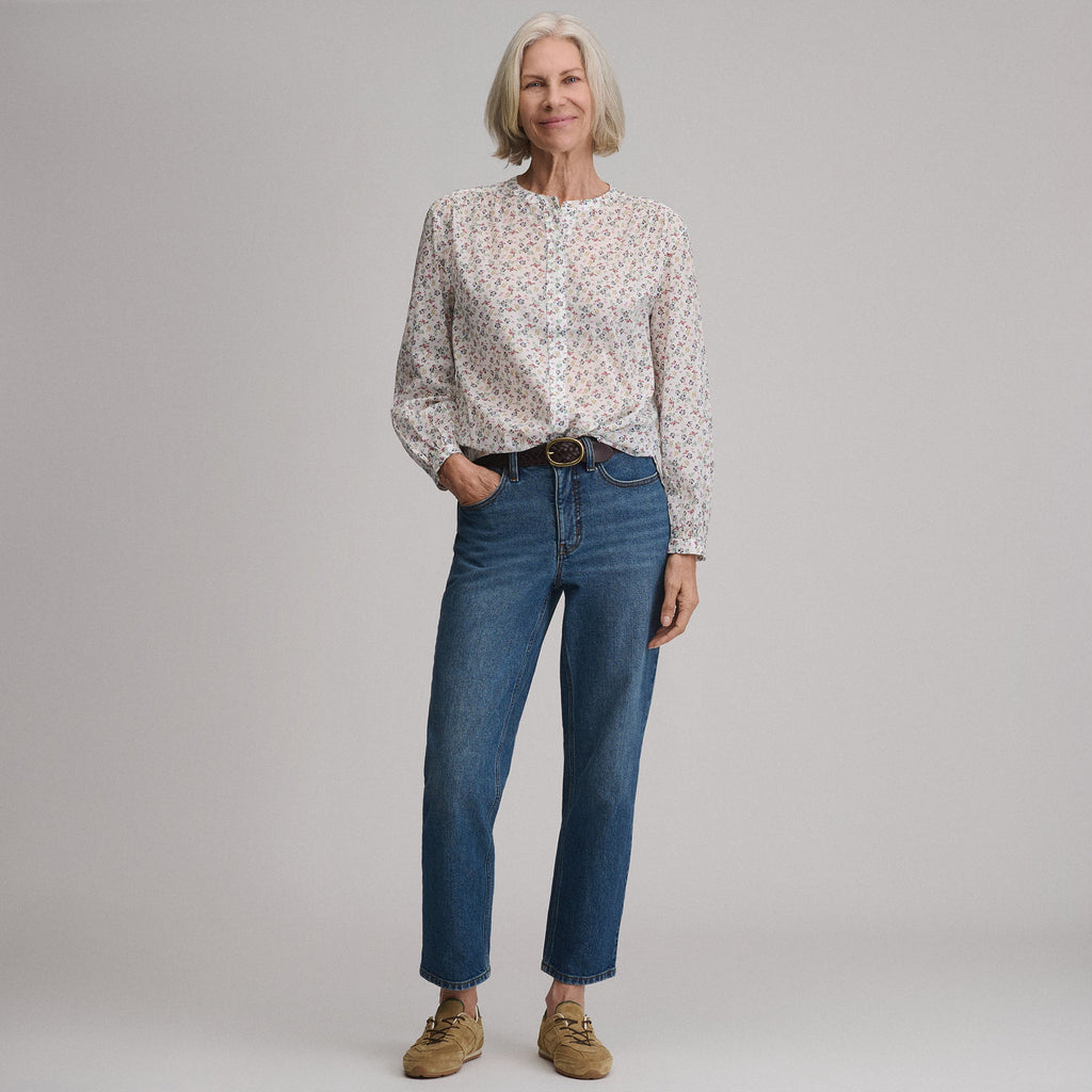 Women's Long-Sleeve Collarless Button-Down Shirt