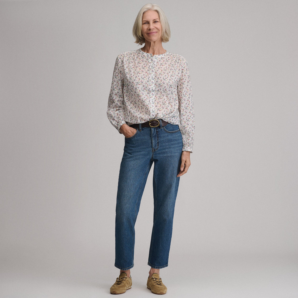 Women's Long-Sleeve Collarless Button-Down Shirt