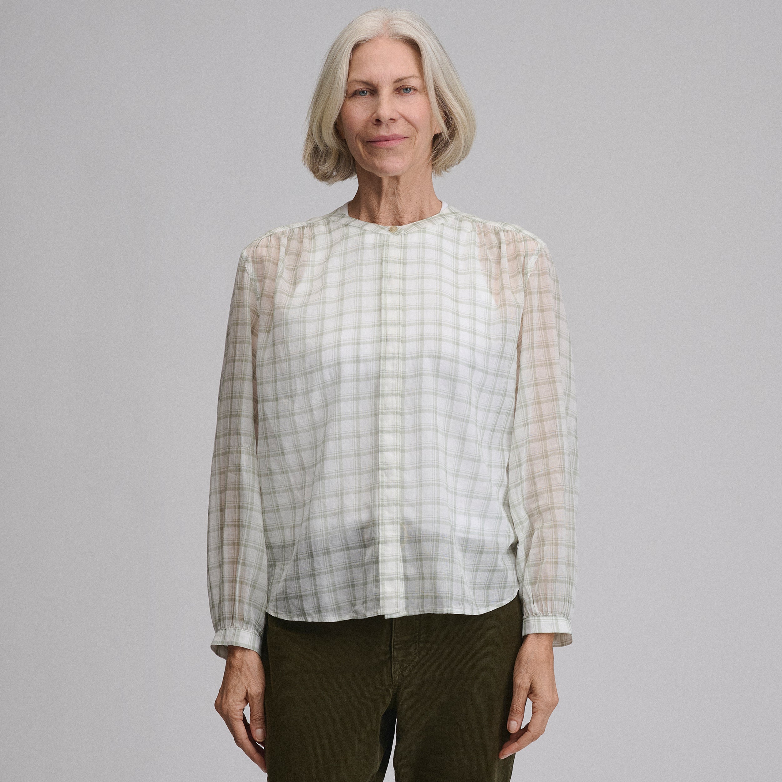 Women's Long-Sleeve Collarless Button-Down Shirt