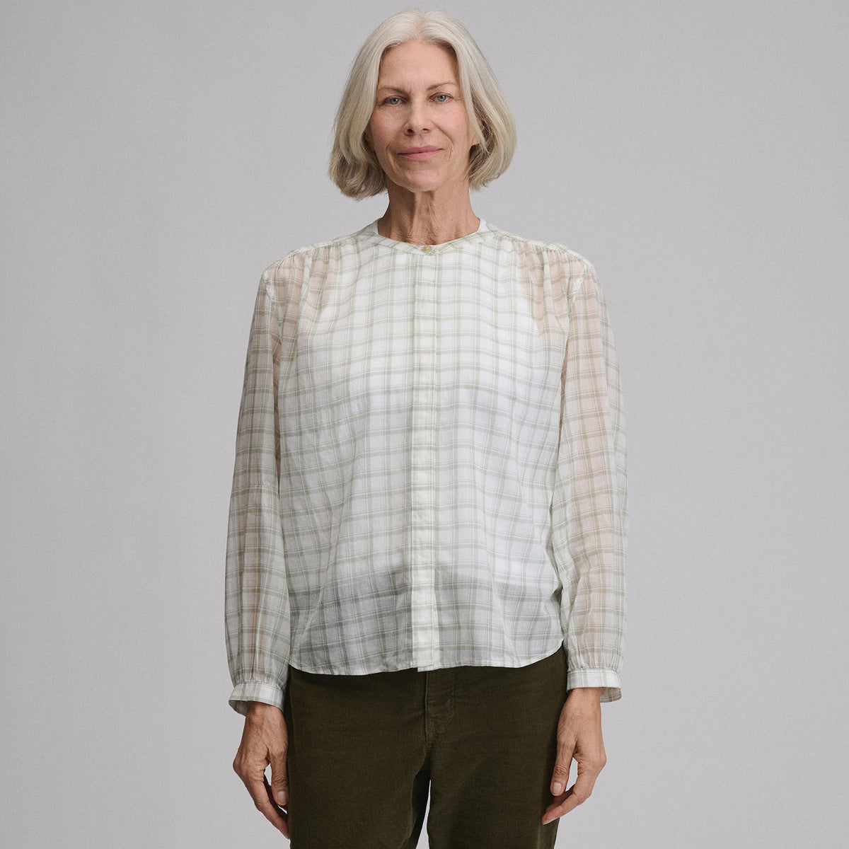 Women's Long-Sleeve Collarless Button-Down Shirt