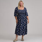 Women's Printed 3/4 Sleeve Smocked Bodice Dress