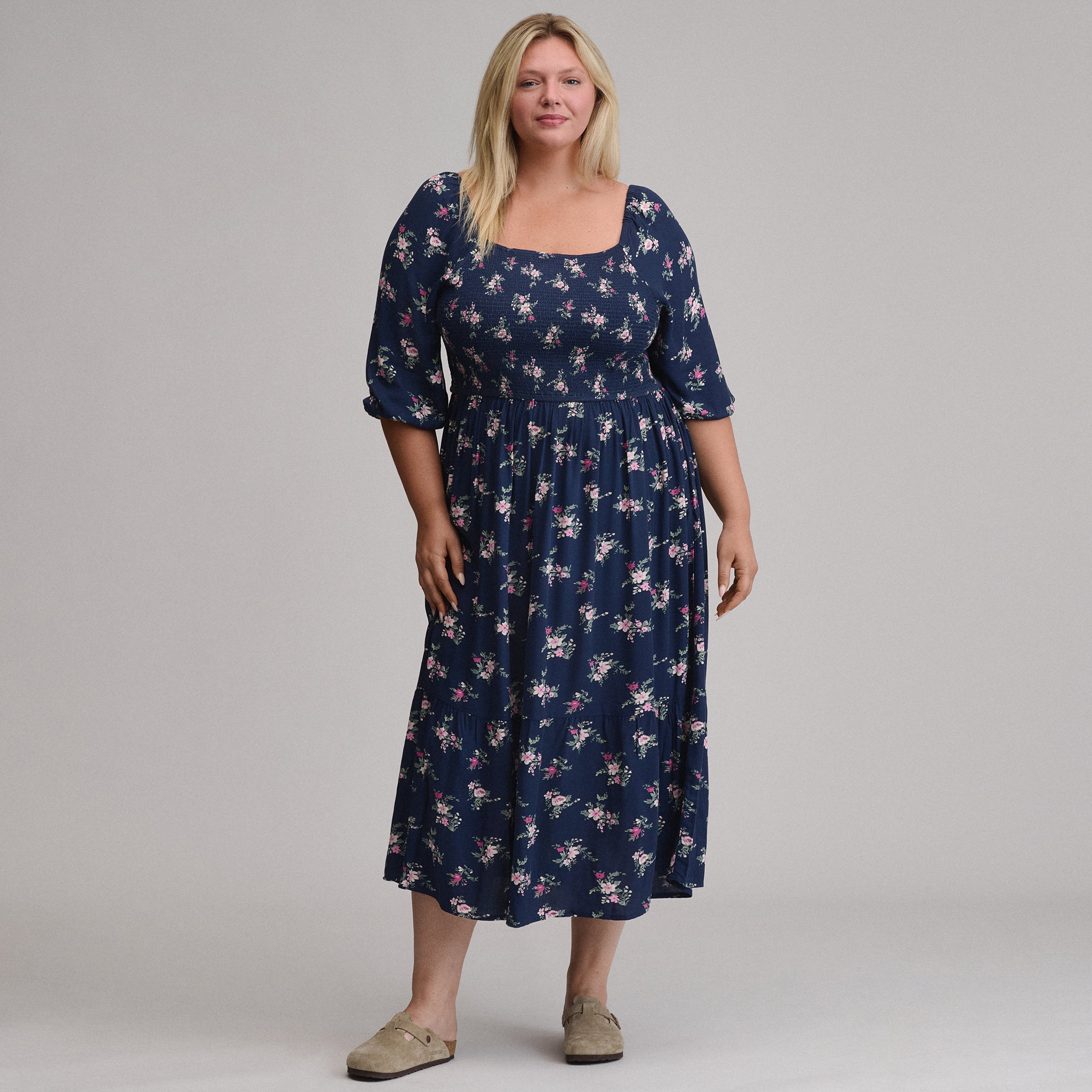 Women's Printed 3/4 Sleeve Smocked Bodice Dress