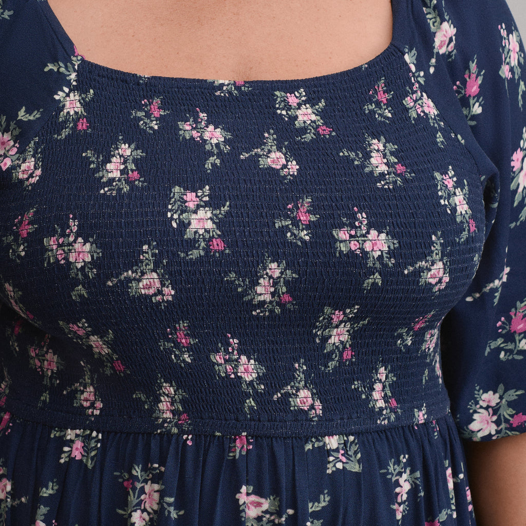 Women's Printed 3/4 Sleeve Smocked Bodice Dress