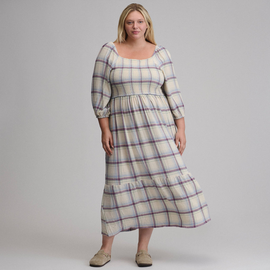 Women's Plaid 3/4 Sleeve Smocked Bodice Dress