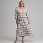 Women's Plaid 3/4 Sleeve Smocked Bodice Dress