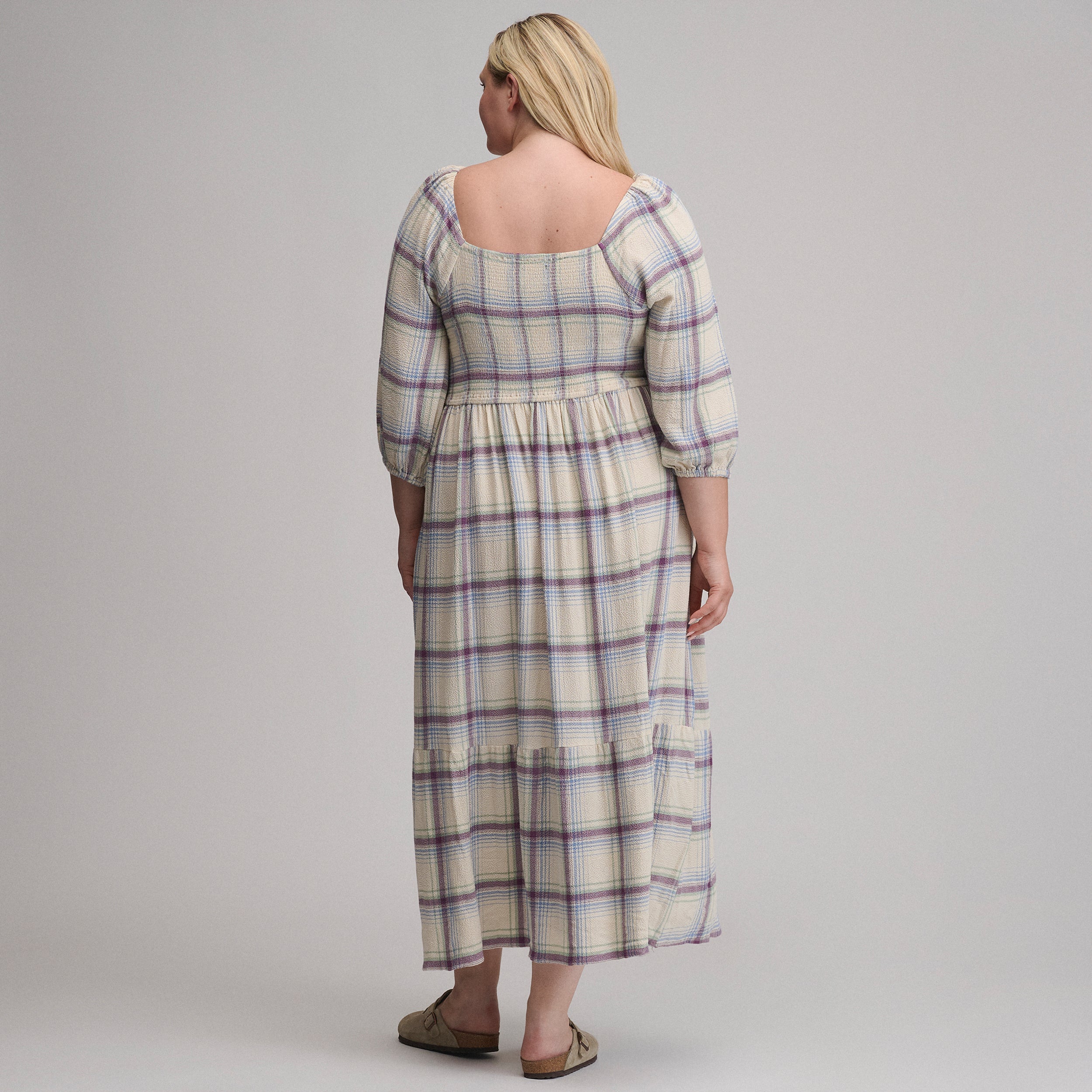 Women's Plaid 3/4 Sleeve Smocked Bodice Dress
