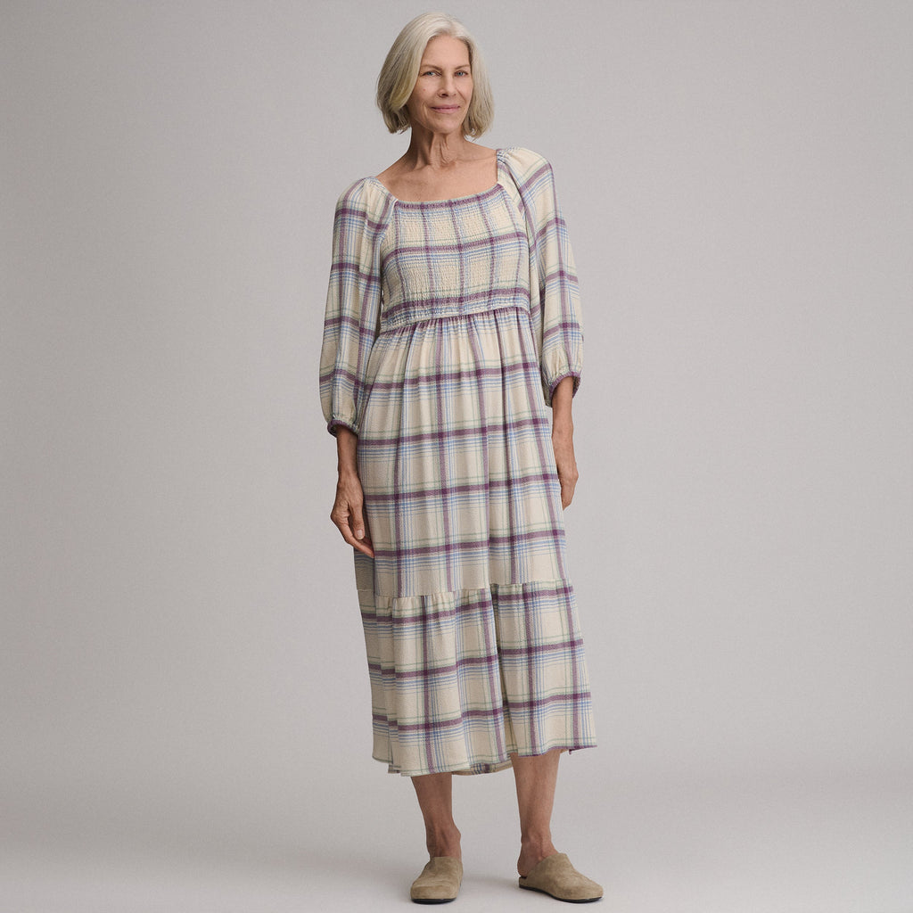 Women's Plaid 3/4 Sleeve Smocked Bodice Dress
