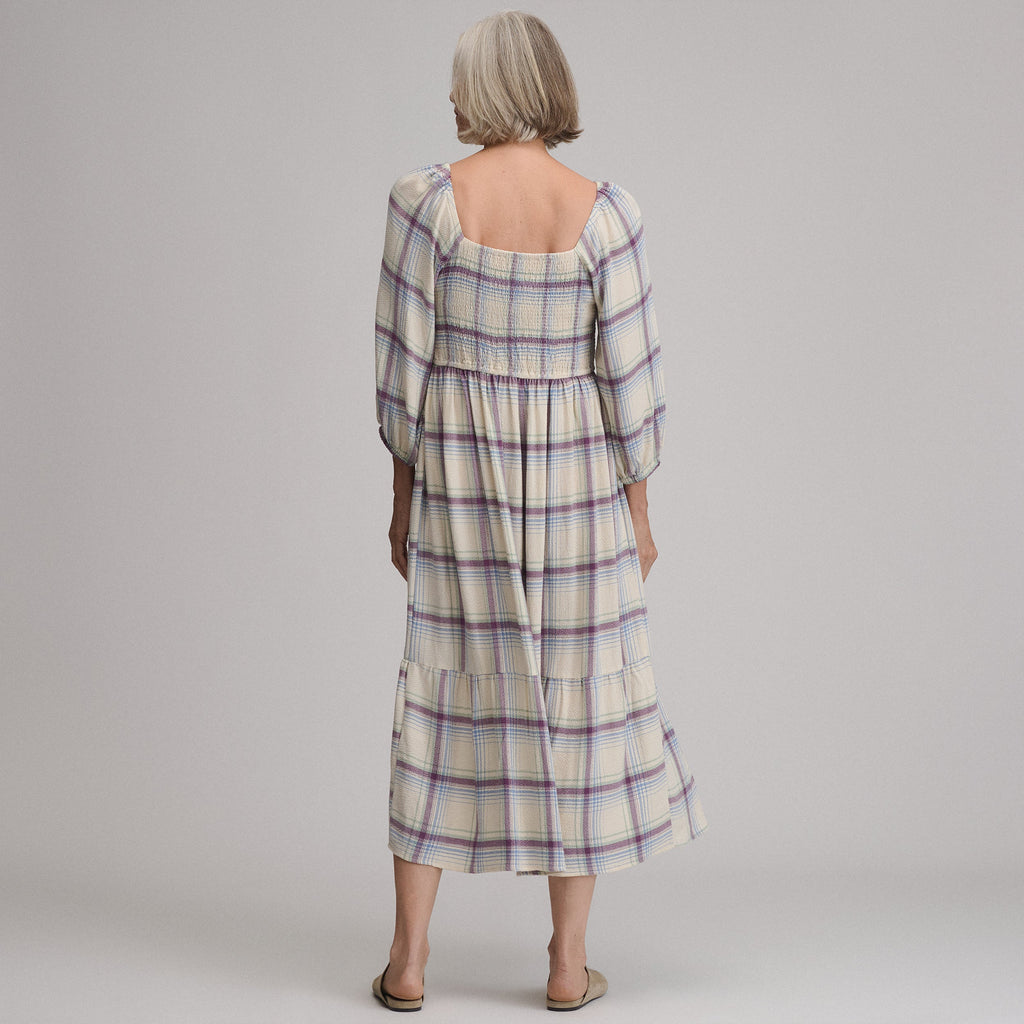 Women's Plaid 3/4 Sleeve Smocked Bodice Dress