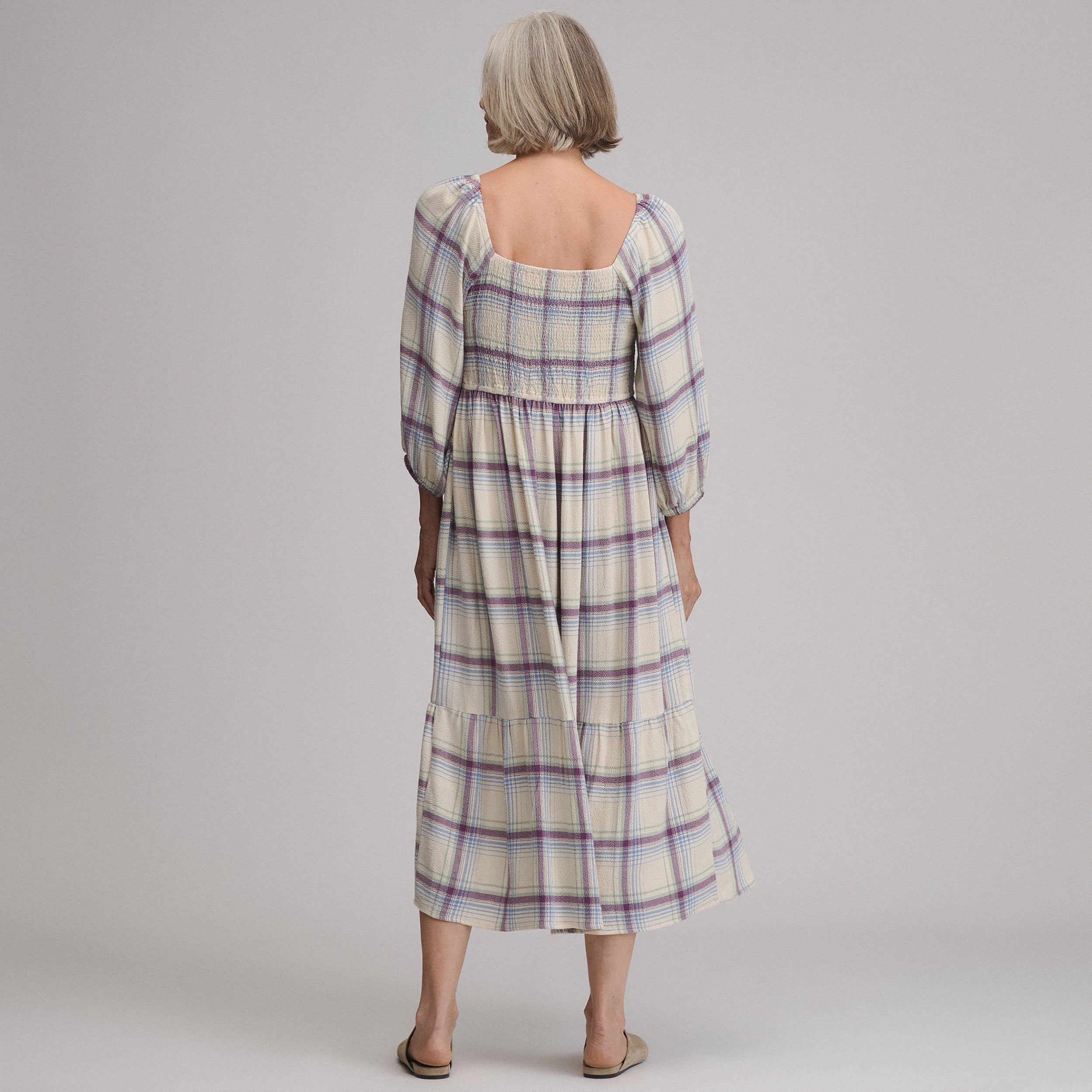 Women's Plaid 3/4 Sleeve Smocked Bodice Dress