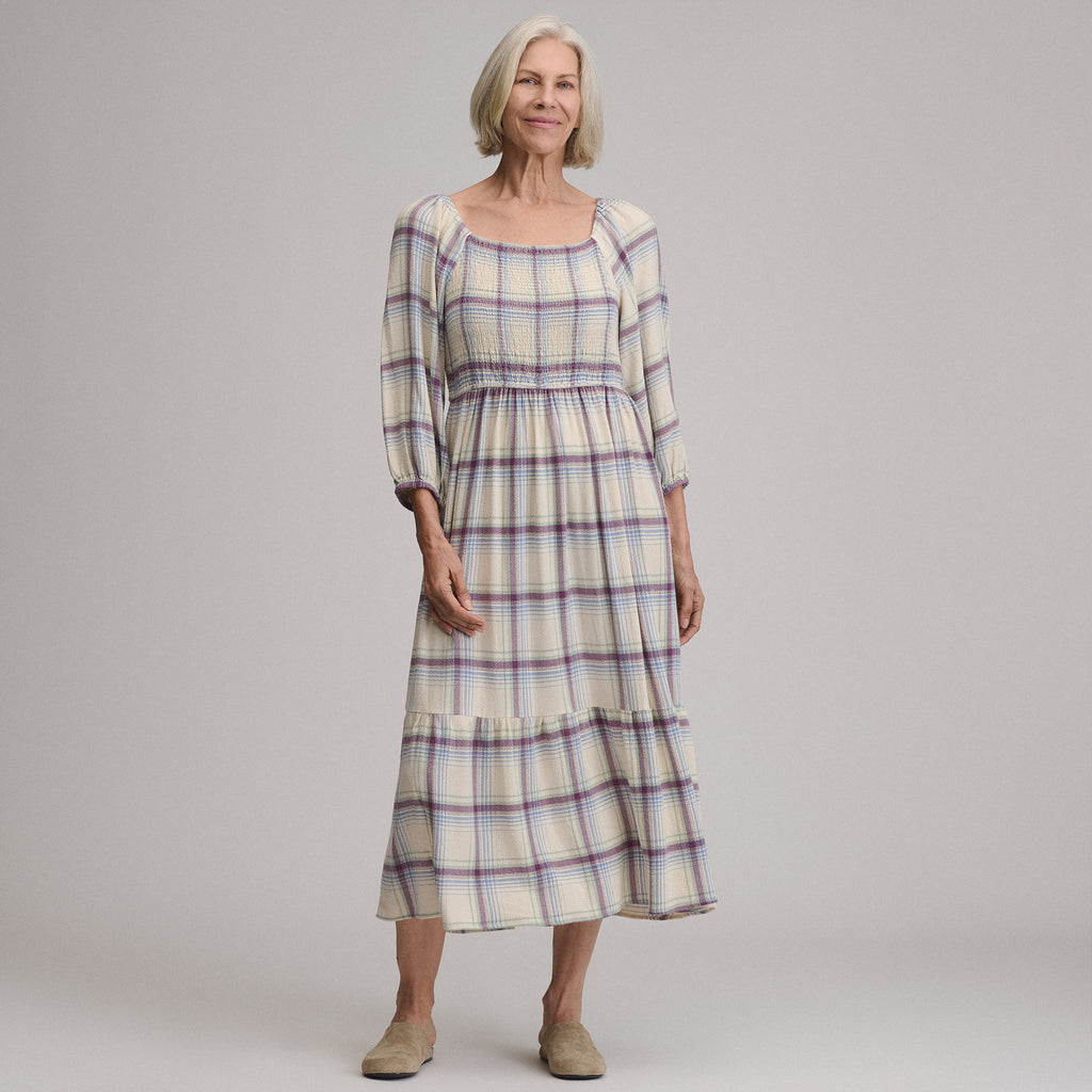 Women's Plaid 3/4 Sleeve Smocked Bodice Dress
