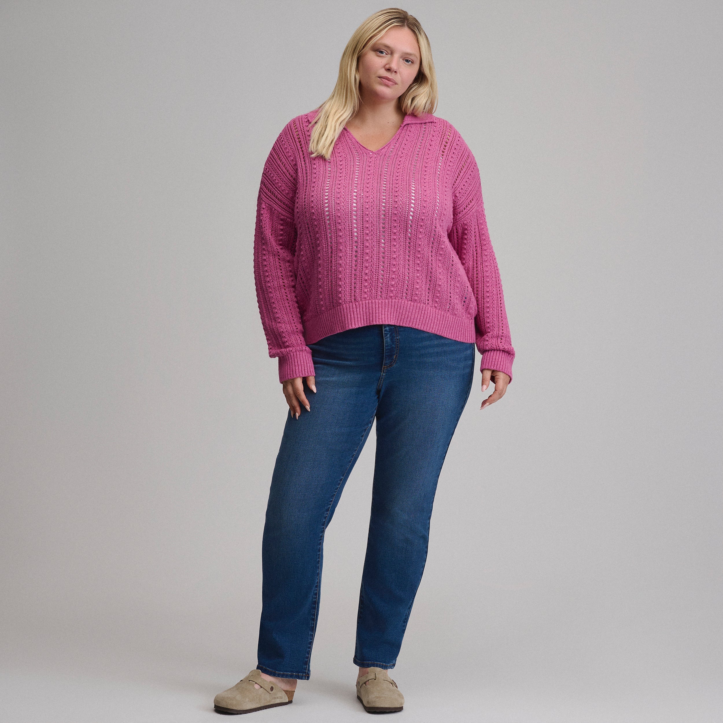 Women's Long-Sleeve Slub Johnny Collar Sweater
