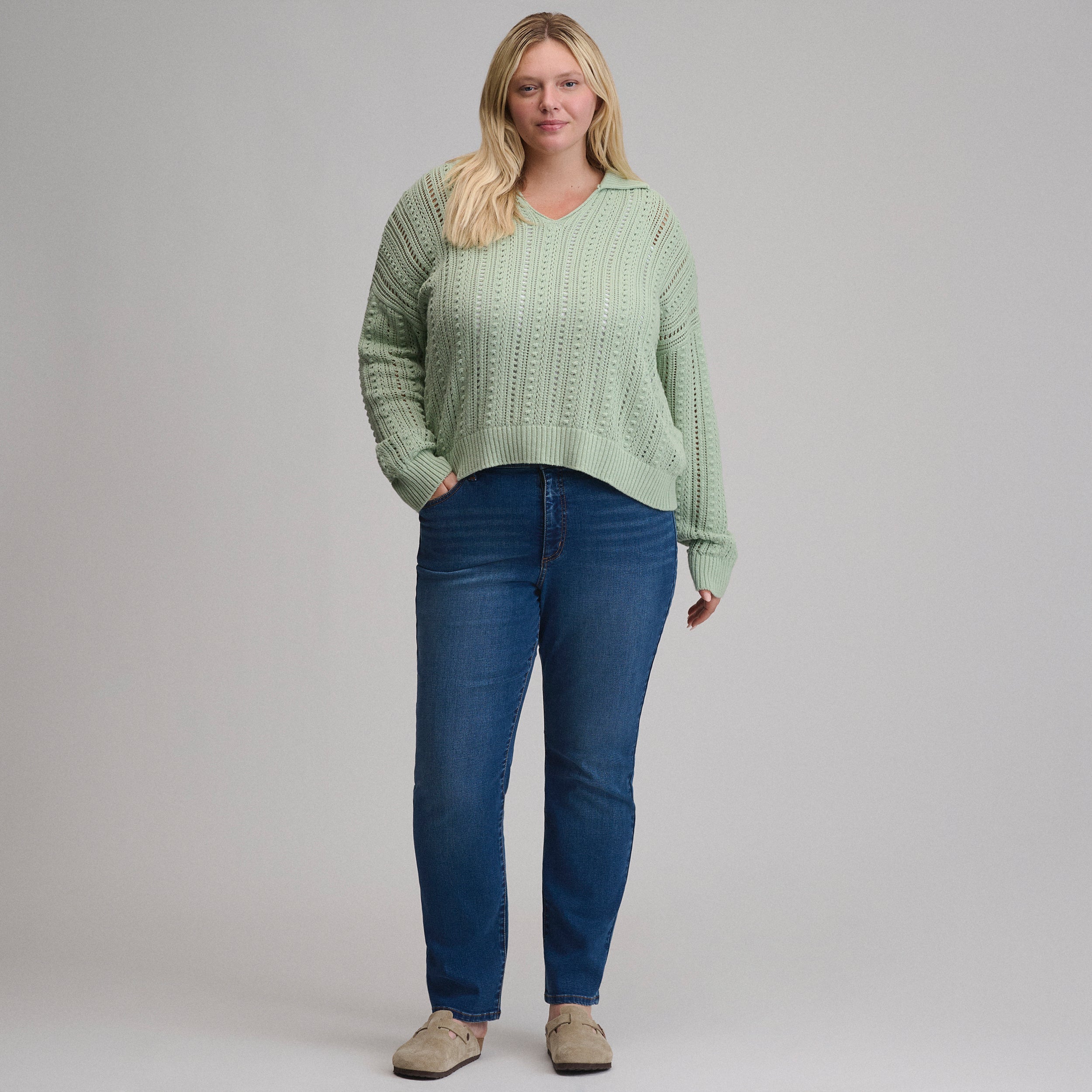 Women's Long-Sleeve Slub Johnny Collar Sweater
