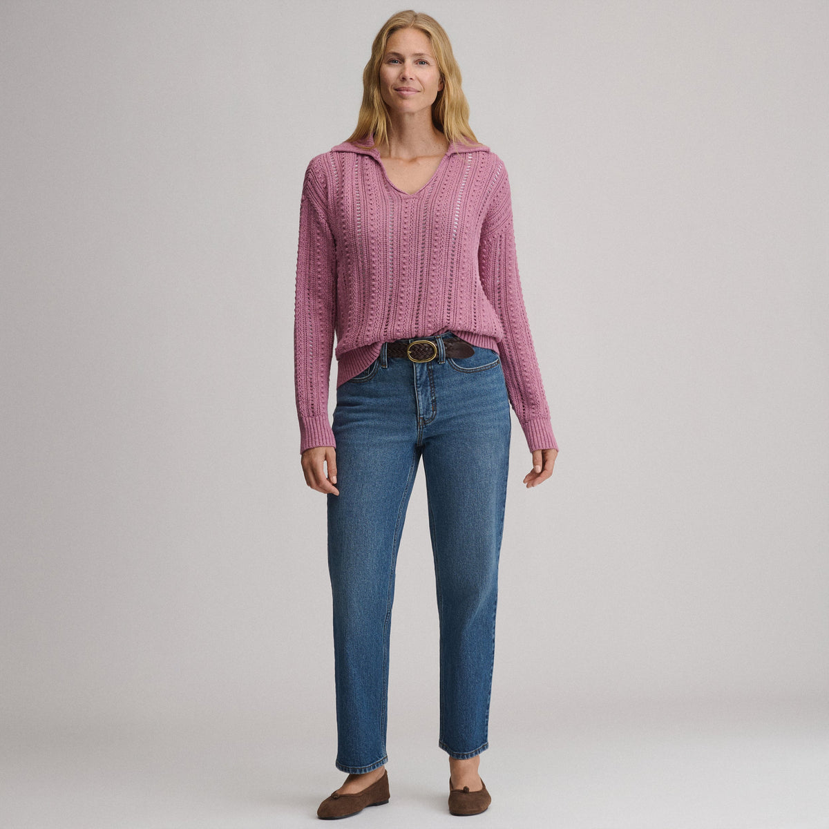 Women's Long-Sleeve Slub Johnny Collar Sweater