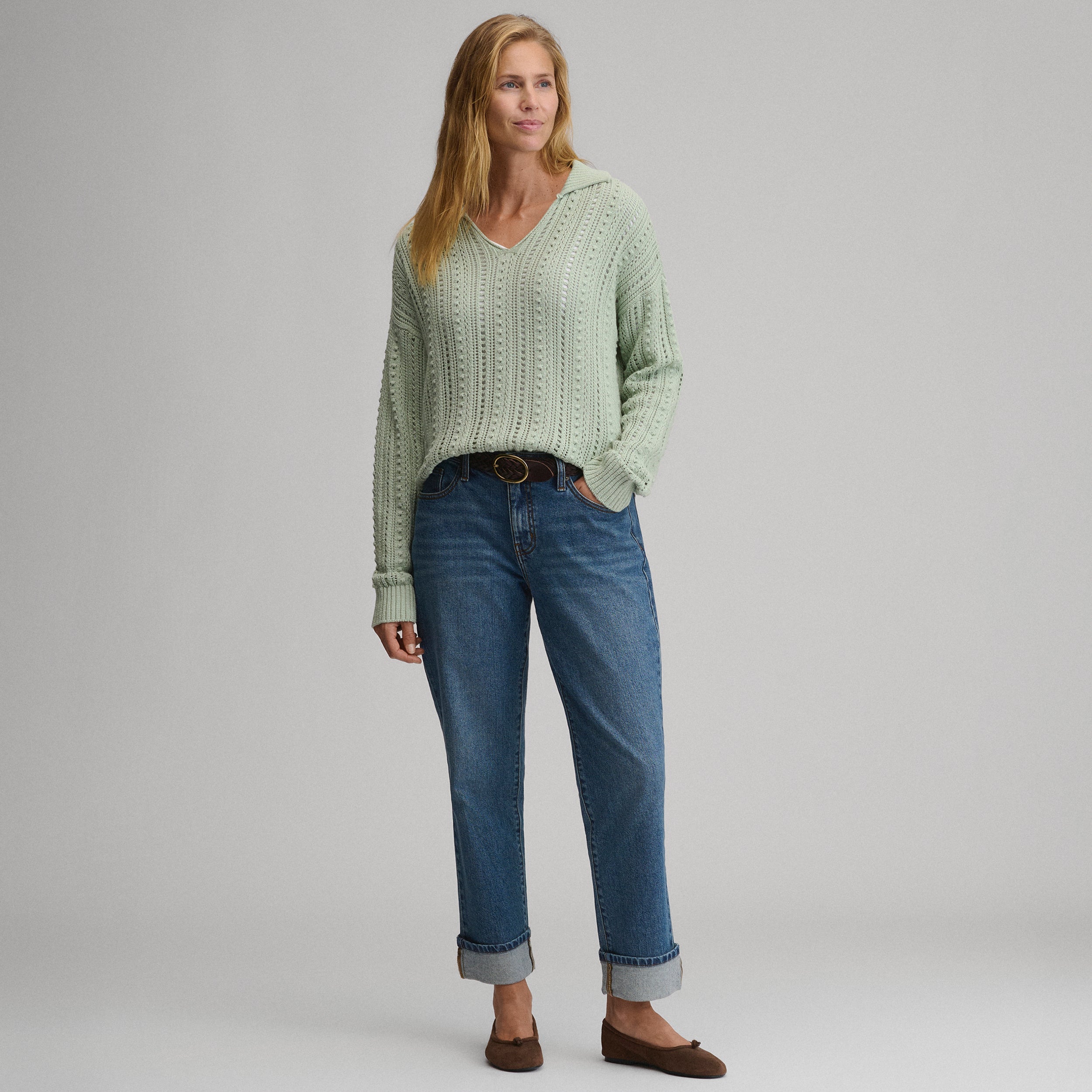 Women's Long-Sleeve Slub Johnny Collar Sweater