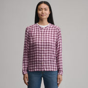 Women's Long-Sleeve Collarless Drapey Plaid Button-Down Shirt - Cedar