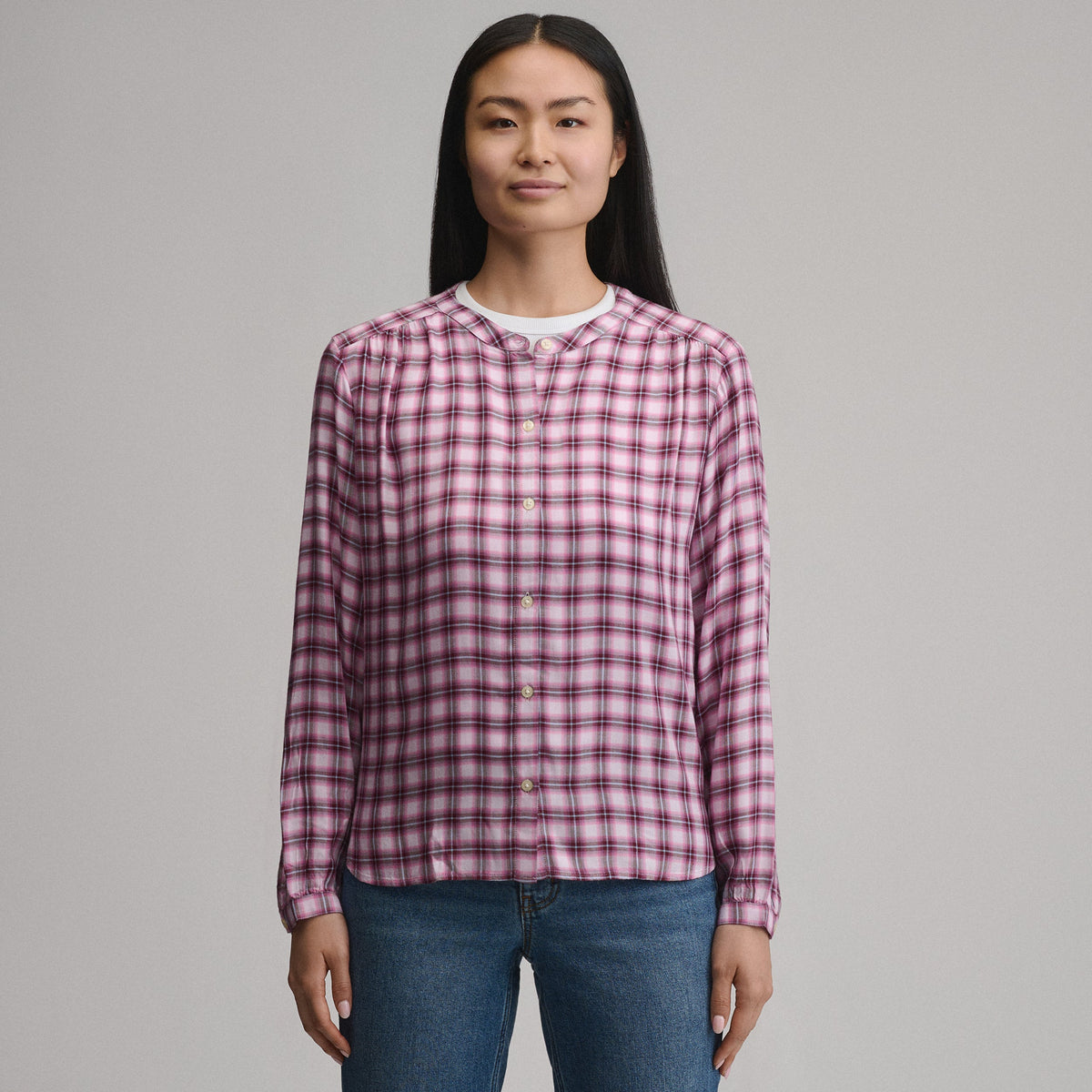 Women's Long-Sleeve Collarless Drapey Plaid Button-Down Shirt