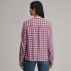 Women's Long-Sleeve Collarless Drapey Plaid Button-Down Shirt