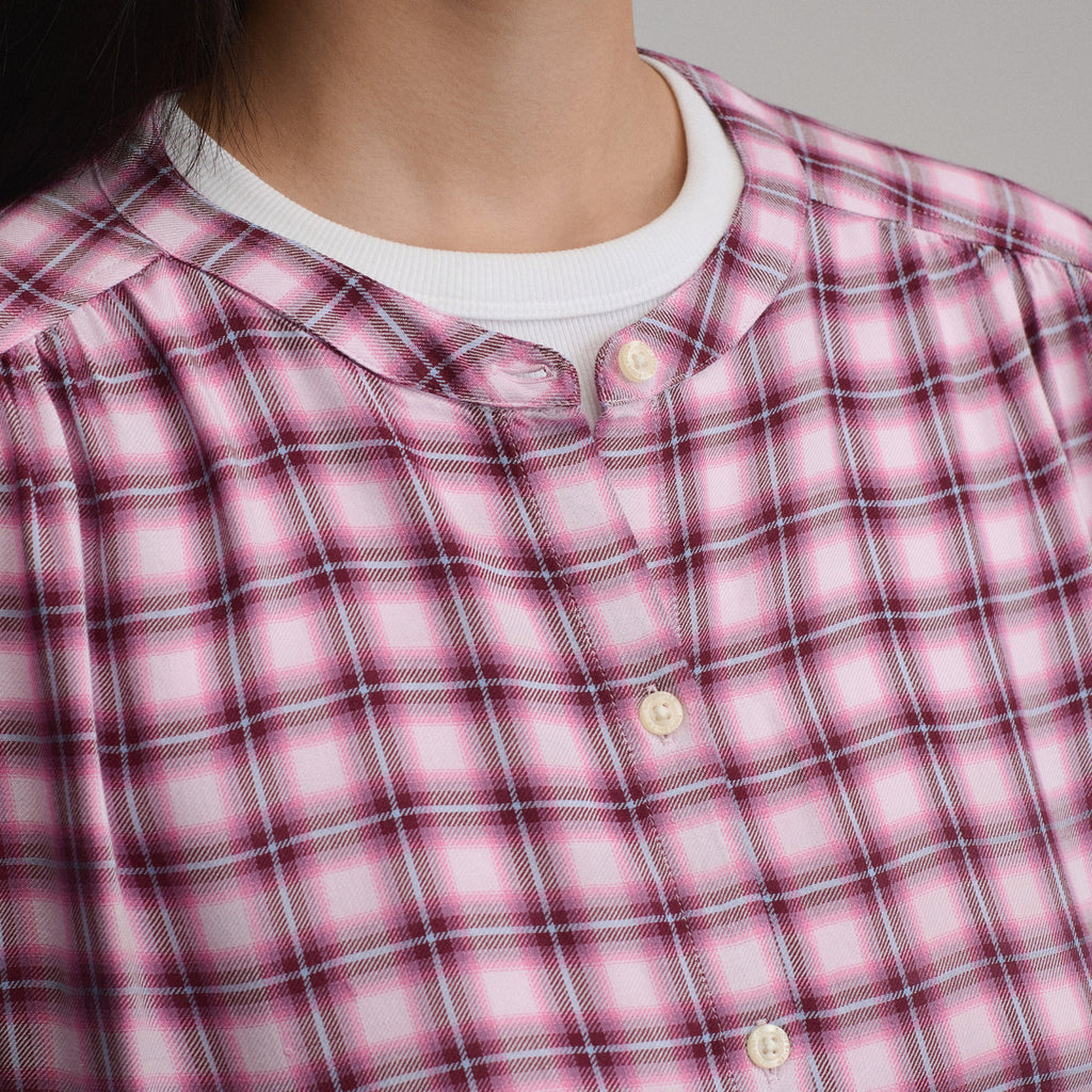 Women's Long-Sleeve Collarless Drapey Plaid Button-Down Shirt