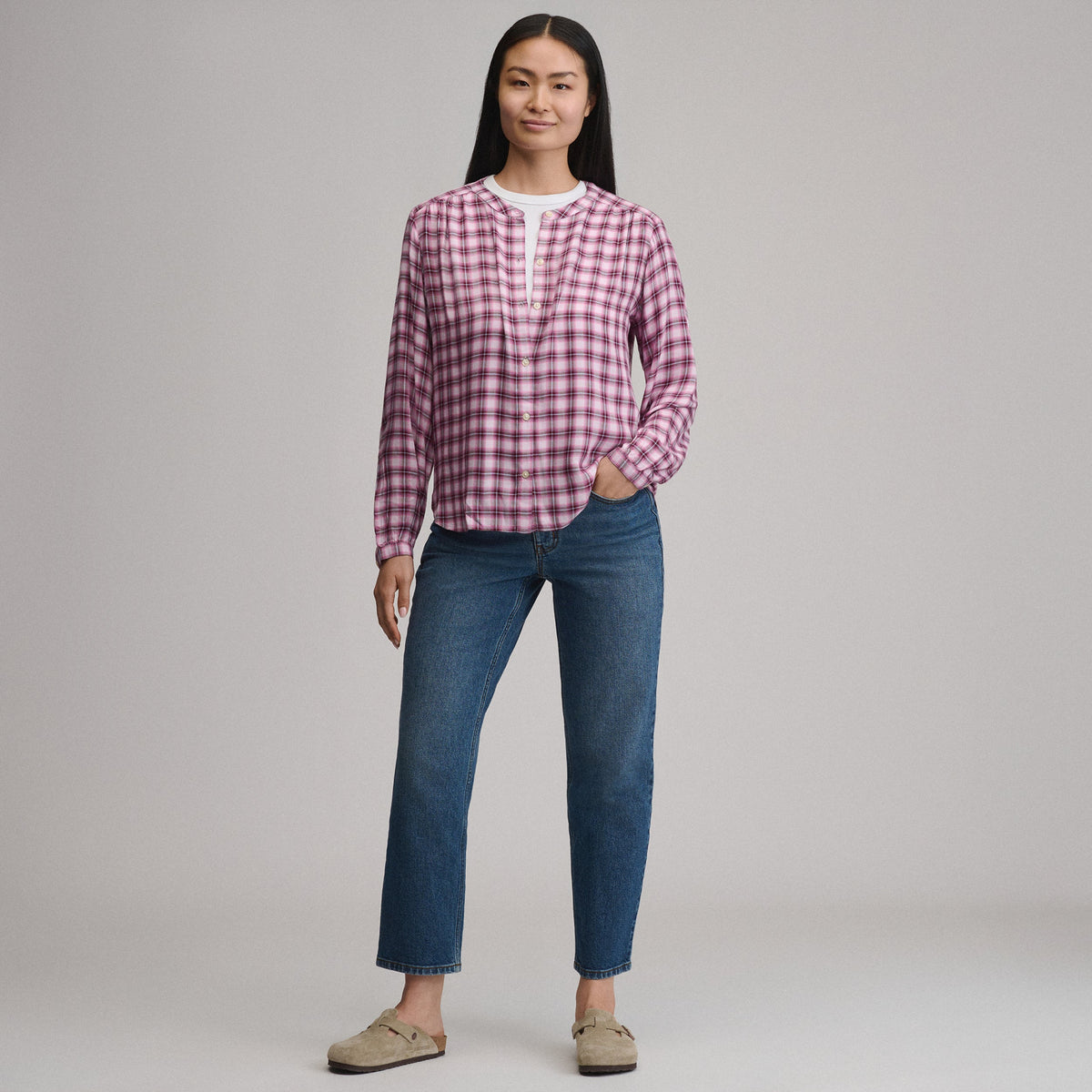 Women's Long-Sleeve Collarless Drapey Plaid Button-Down Shirt