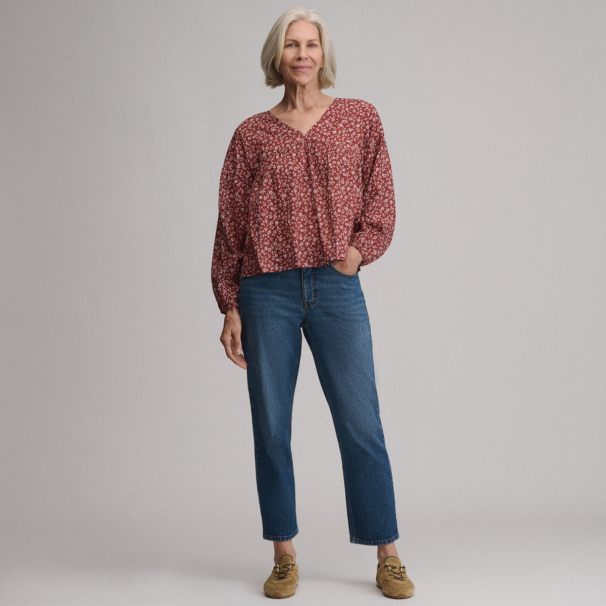 Women's Long-Sleeve V-Neck Relaxed Woven Popover
