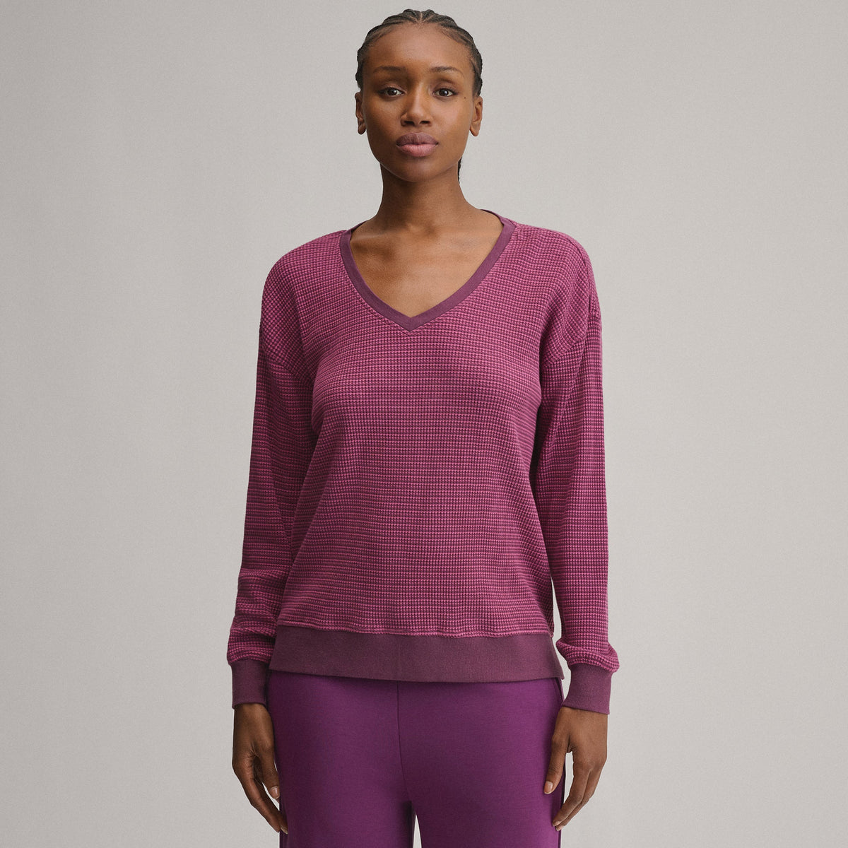 Women's Long-Sleeve V-Neck Boyfriend Thermal Crew - Striped