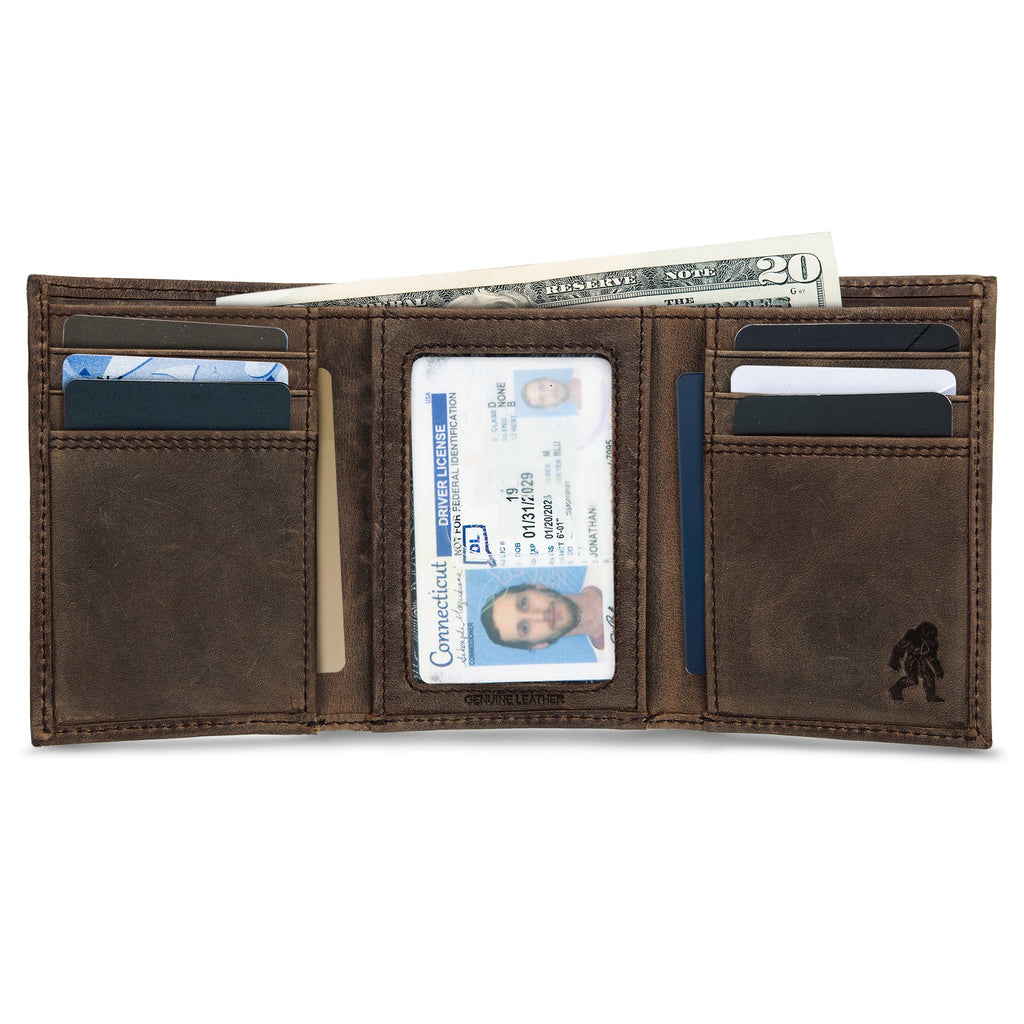 Leather Trifold Wallet With Embossed Sasquatch