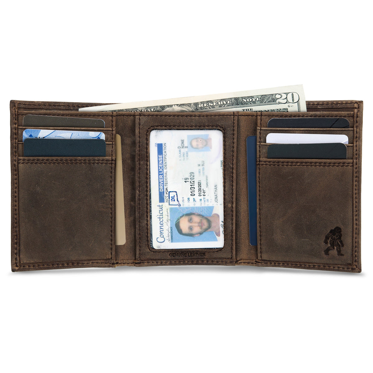 Leather Trifold Wallet With Embossed Sasquatch