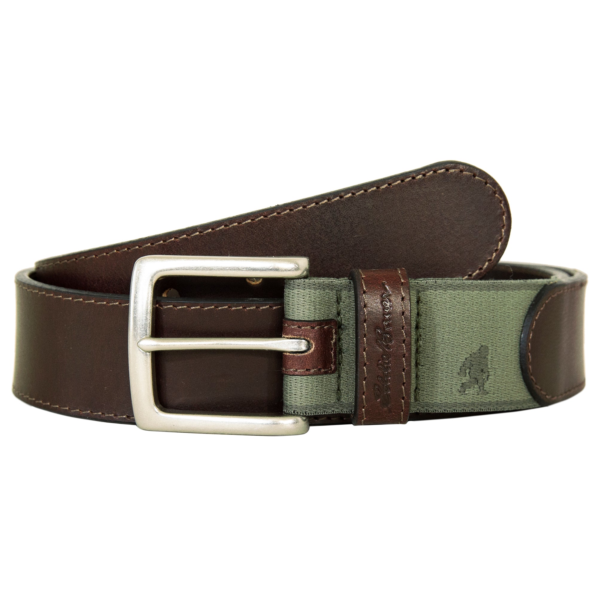 Men's Rugged Leather Belt With Stretch Tab And Sasquatch Design