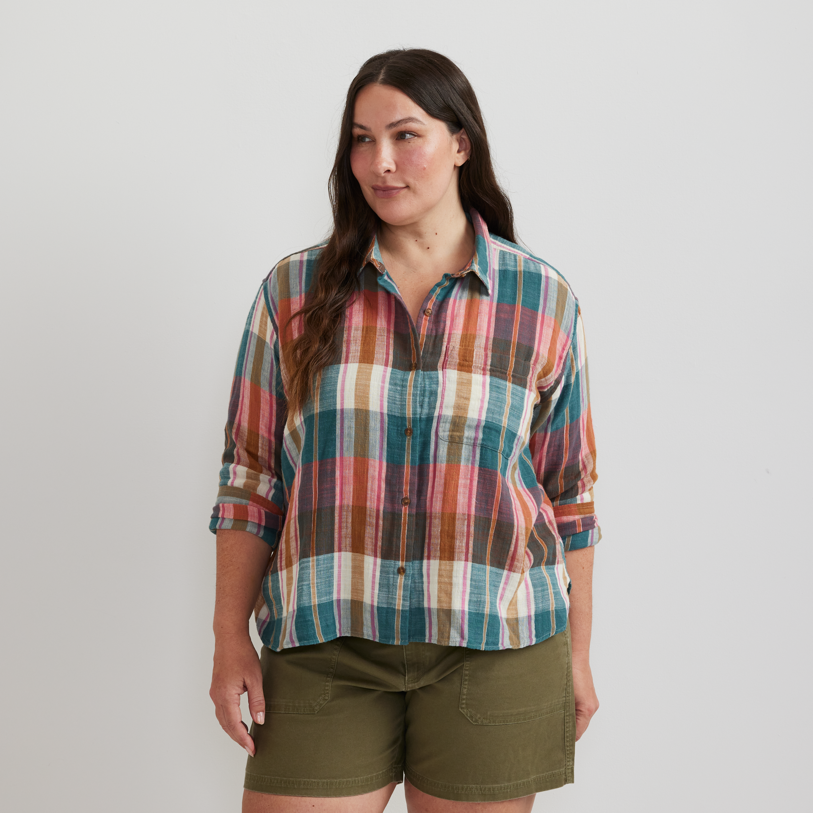 Women's Cotton Slub Plaid Long-Sleeve Shirt